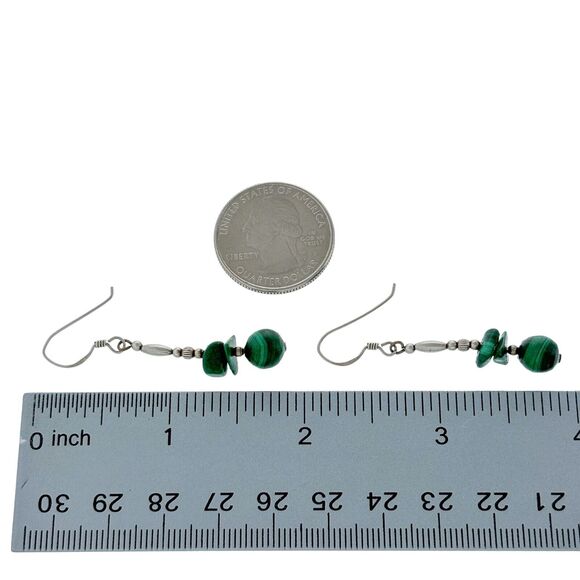Vintage Sterling Silver 925 Beaded Green Malachite Dangle Earrings - Picture 5 of 5